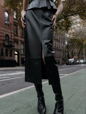 Black Leather Midi Skirt with Front Slit